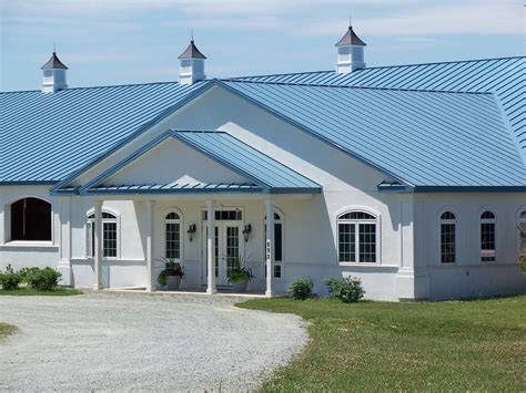 blue white metal house|houses with white metal roofs.